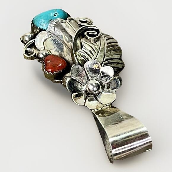 Large Vintage Native Navajo Turquoise Coral Sterling Silver Pendant 2.5” Signed - Picture 3 of 13